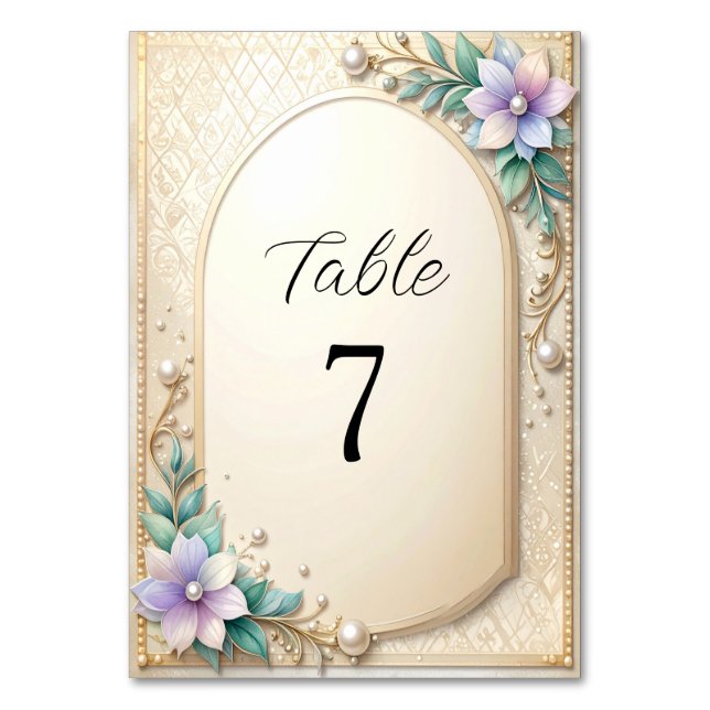 Decorative Floral Frame with Pearls Table Number Bordsnummer (Framsidan)