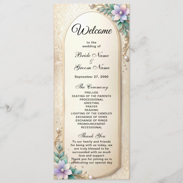 Decorative Floral Frame with Pearls Wedding  Program (Framsida)