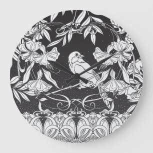 Decorative Flowers Bird Nouveau Poster Stor Klocka