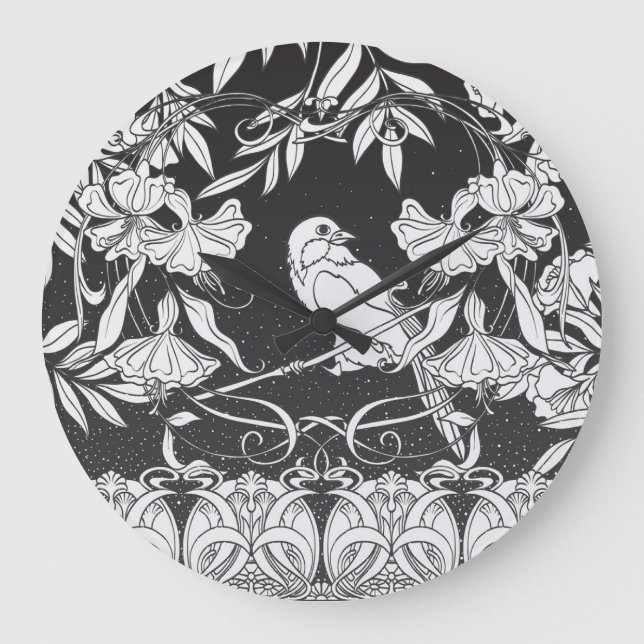 Decorative Flowers Bird Nouveau Poster Stor Klocka (Framsida)