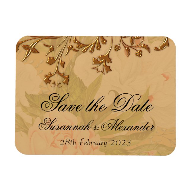 Decorative Golden Flowers och Peonies Boho Bröllop Magnet (Horisontell)