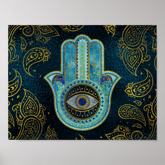 Decorative Hamsa Hand med paisley-bakgrund Poster (Framsidan)