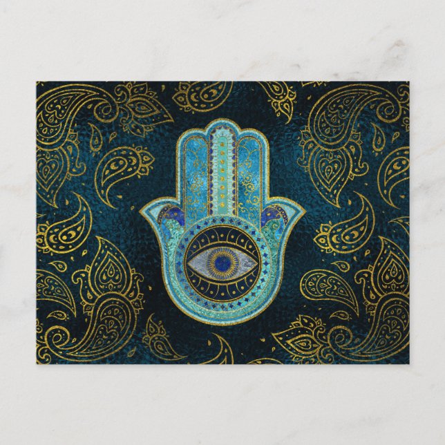 Decorative Hamsa Hand med paisley-bakgrund Vykort (Framsida)
