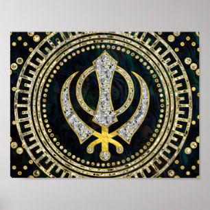 Decorative Khanda-symbol med gemstenar och guld Poster
