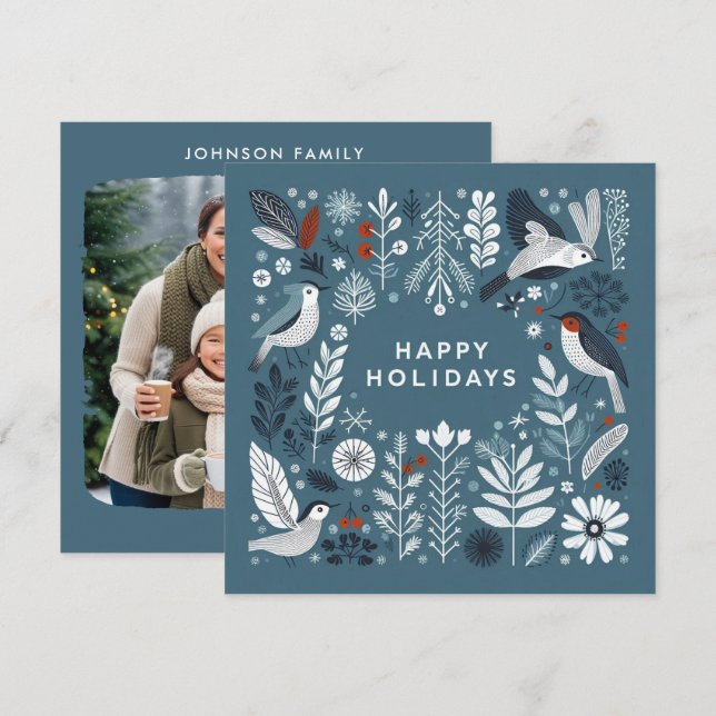 Decorative Light Blue Christmas deer and robins Julkort (Fram/baksida)