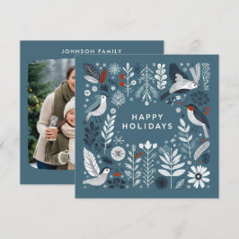 Decorative Light Blue Christmas deer and robins Julkort