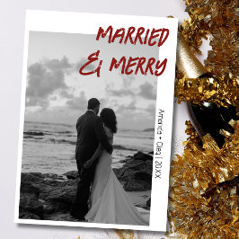 Decorative Married and Merry Modern Deep Burgundy Julkort