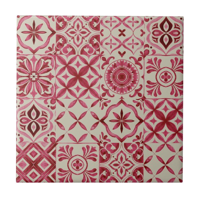 Decorative Red Azulejo Tile Patchwork Pattern Kakelplatta (Framsidan)