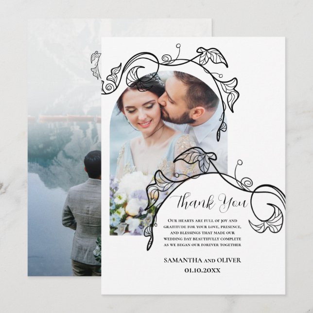 Decorative Simple Photo Wedding Thank You Card Spara Datumet (Fram/baksida)
