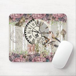 Decoratived vintage clock Floral and birds pink Musmatta