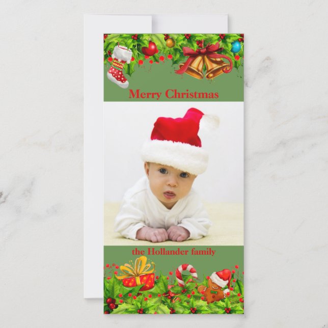 Decorerad Holly med fotojul Julkort (Framsida)