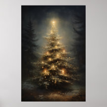 Decorerad Julgran i skogen på natten