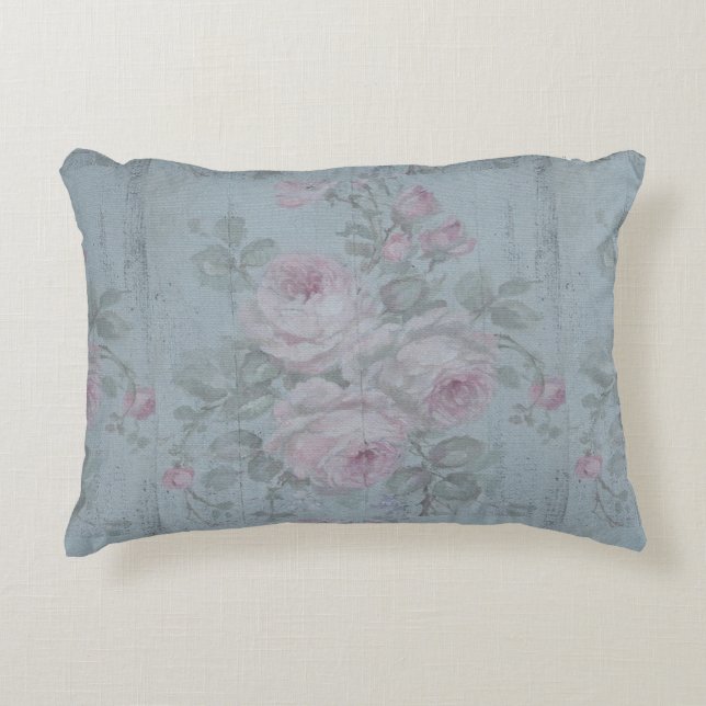 Decoupage,grått teal, blommigt,shabby chic,land Ru Prydnadskudde (Framsidan)