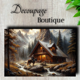 Decoupage i Alpine Cabin Horseback Snowy Scene