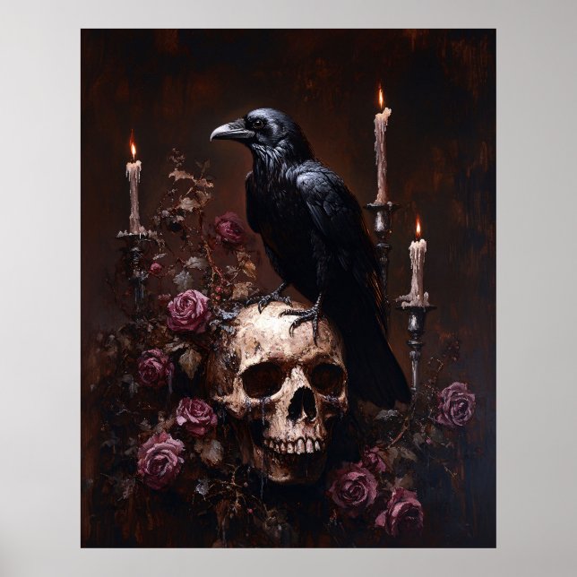 Decoupage Raven on Skull with Candles Poster (Framsidan)