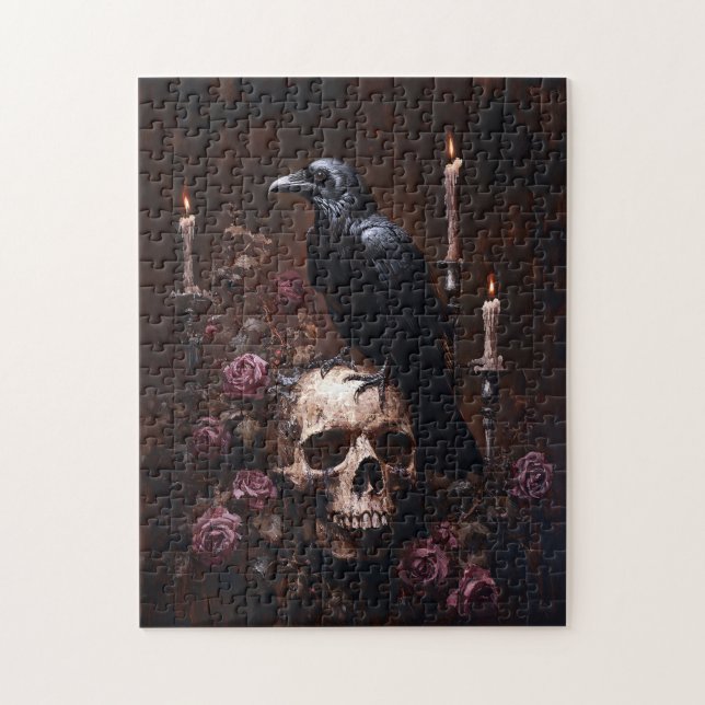 Decoupage Raven på Skull med ljus Pussel (Vertikal)