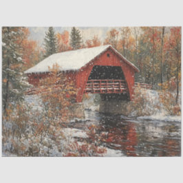 Decoupage Red Covered Bridge Winter Scene
