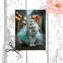 Decoupage White Feline Cat Teal Tutu Walking 