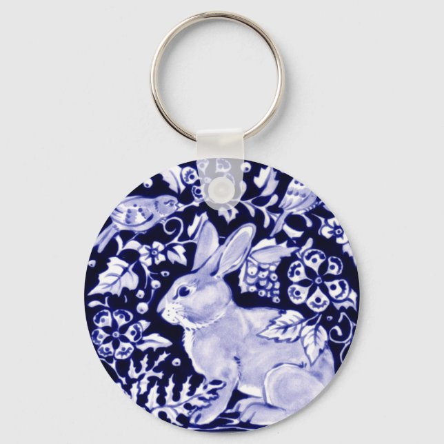 Dedham Blue Rabbit, Classic Blue & White Design Nyckelring (Framsida)