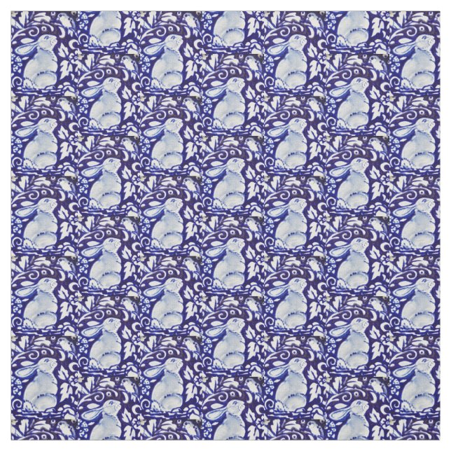 Dedham Blue & White Rabbit, Bird Designer Fabric Tyg (Provkarta)