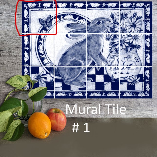 Dedham Blue White Rabbit Bunny Mural Tile # 1 Kakelplatta (Skapare uppladdad)