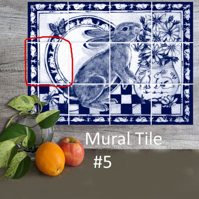 Dedham Blue White Rabbit Bunny Mural Tile # 5 Kakelplatta (Skapare uppladdad)
