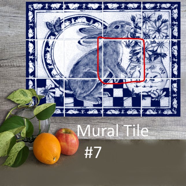 Dedham Blue White Rabbit Bunny Mural Tile # 7 Kakelplatta (Skapare uppladdad)
