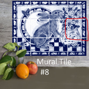 Dedham Blue White Rabbit Bunny Mural Tile # 8 Kakelplatta