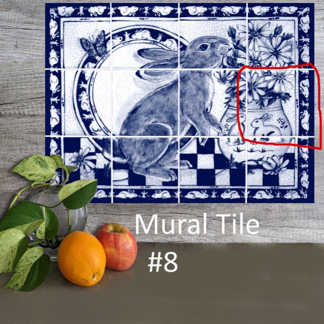 Dedham Blue White Rabbit Bunny Mural Tile # 8 Kakelplatta (Skapare uppladdad)