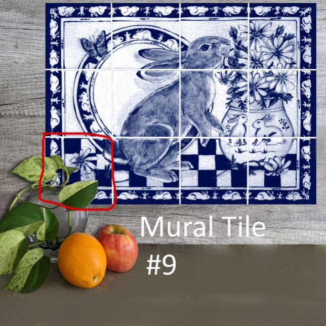 Dedham Blue White Rabbit Bunny Mural Tile # 9 Kakelplatta (Skapare uppladdad)