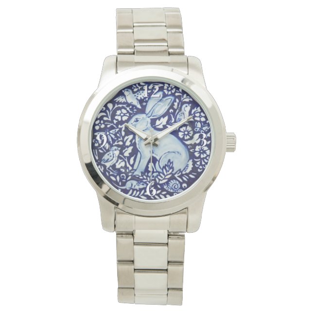 Dedham Cobalt Blue White Rabbit Bird Blommigt Watc Armbandsur (Framsida)