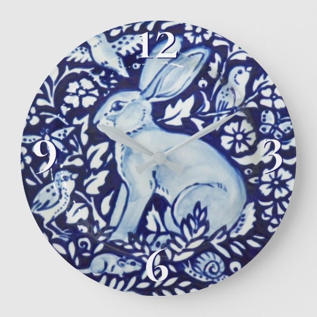 Dedham Cobalt Blue & White Rabbit Plate Clock Bird Stor Klocka (Framsida)