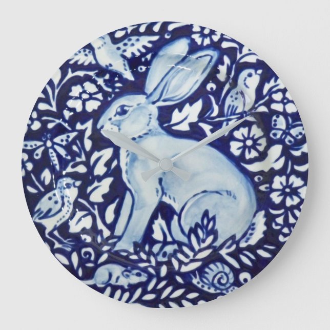 Dedham Cobalt Blue & White Rabbit Plate Clock Bird Stor Klocka (Framsida)