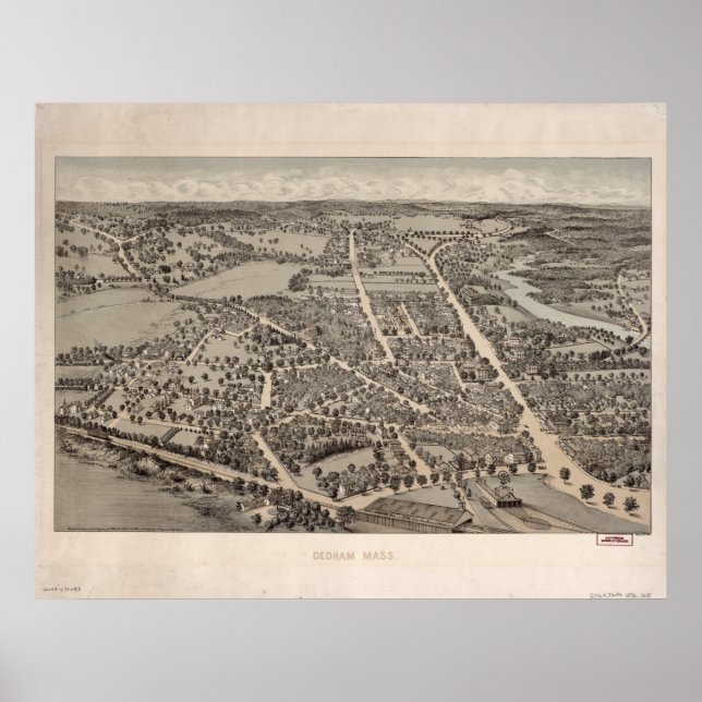 Dedham Massachusetts 1876 Antique Panoramic Karta Poster (Framsidan)