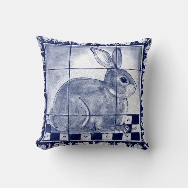 Dedham Rabbit Blue White Bunny Delft Tile Mural  Kudde (Framsida)