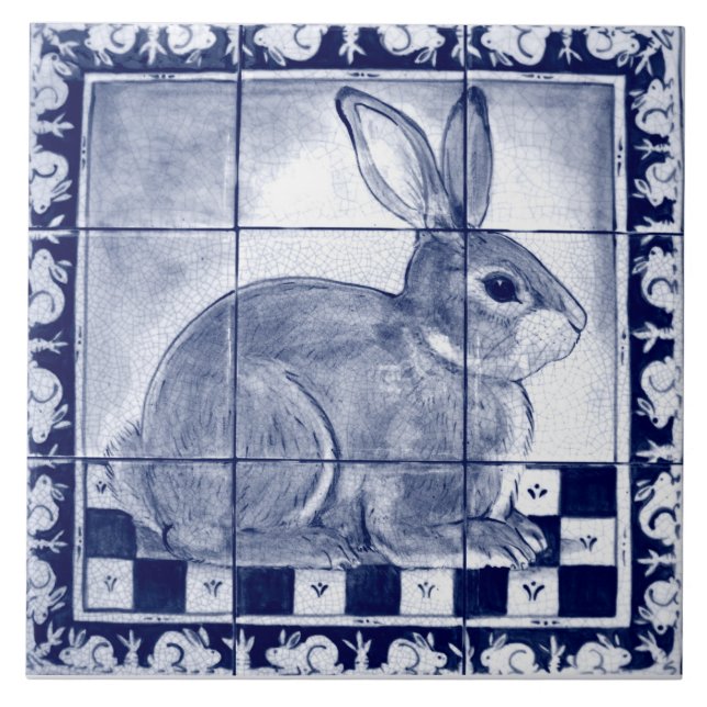 Dedham Rabbit Bunny Blue Vintage Mural Art Kakelplatta (Framsidan)