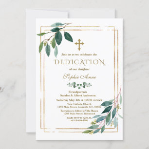 Dedication för lyxvitblommor Guld Glitter Ram Inbjudningar