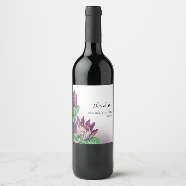 Deeep Purple King Protea Akvarellkonst Vinflaska Etikett (Framsida)