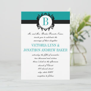 Deep Aqua Damask Monogram bröllopsinbjudan Inbjudningar