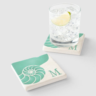 Deep Aqua Nautilus Snäcka med Monogram Underlägg Sten