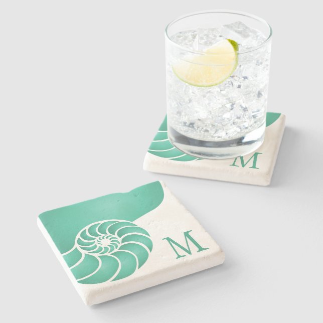Deep Aqua Nautilus Snäcka med Monogram Underlägg Sten (Sidan)