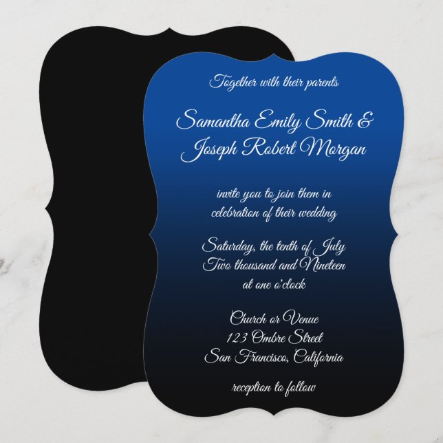 Deep Blue Black Ombre Elegant Calligraphy Bröllop Inbjudningar (Fram/baksida)