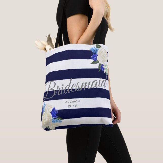 Deep Blue Blommigt Bridesmaid Tote Bag Tygkasse (Närbild)