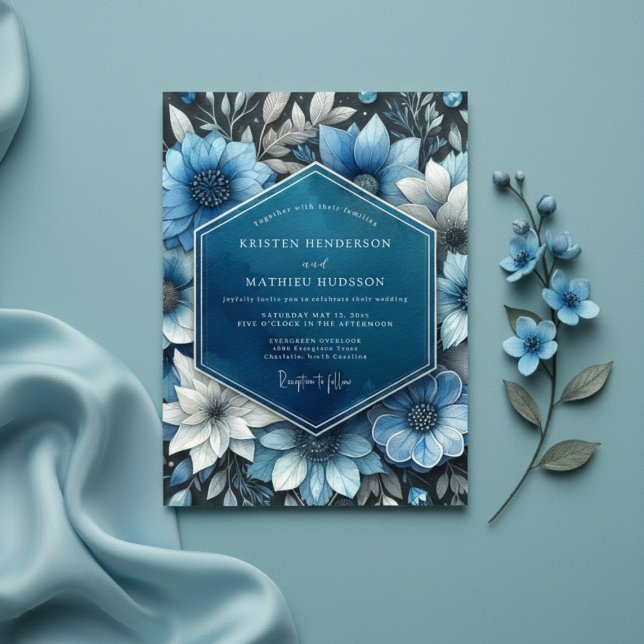 Deep Blue Botanical Opulence Wedding Inbjudningar (Skapare uppladdad)