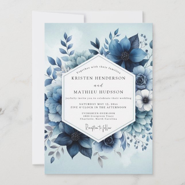 Deep Blue Botanical Whimsy Wedding Inbjudningar (Framsida)