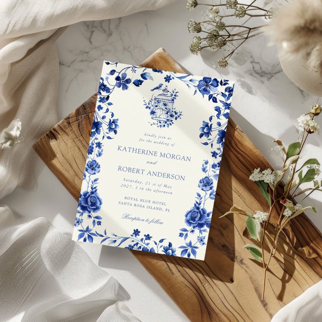 Deep Blue Chinoiserie Vintage Blommigt Bröllop Inbjudningar (Skapare uppladdad)