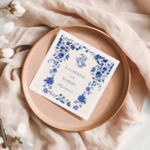 Deep Blue Chinoiserie Vintage Blommigt Bröllop Pappersservett
