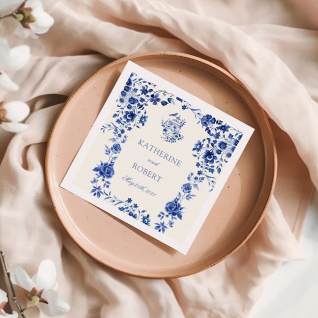 Deep Blue Chinoiserie Vintage Blommigt Bröllop Pappersservett (Skapare uppladdad)