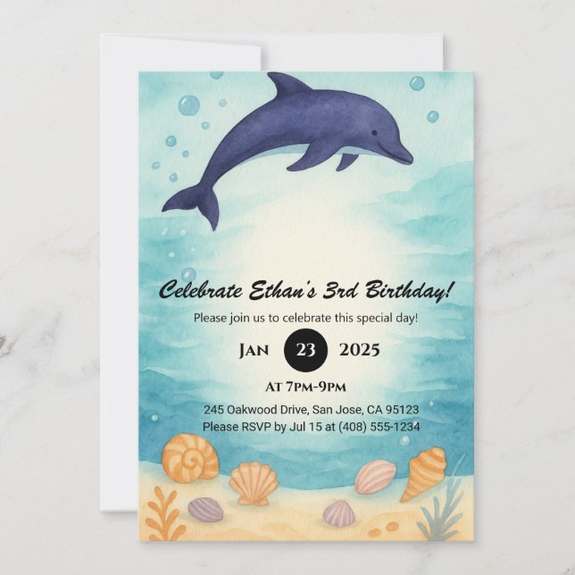 Deep Blue Dolphin & Seashell Ocean Birthday  Inbjudningar (Framsida)