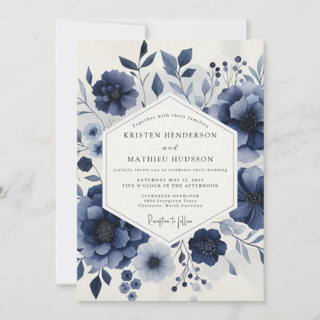 Deep Blue Ethereal Bloom Wedding Inbjudningar (Framsida)